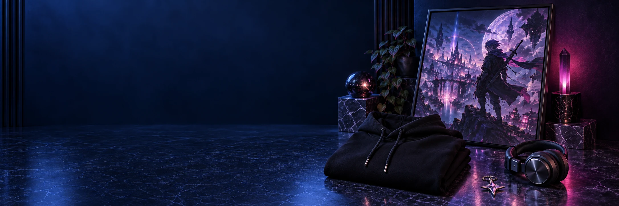 Composición panorámica nocturna con ropa y arte inspirado en anime
