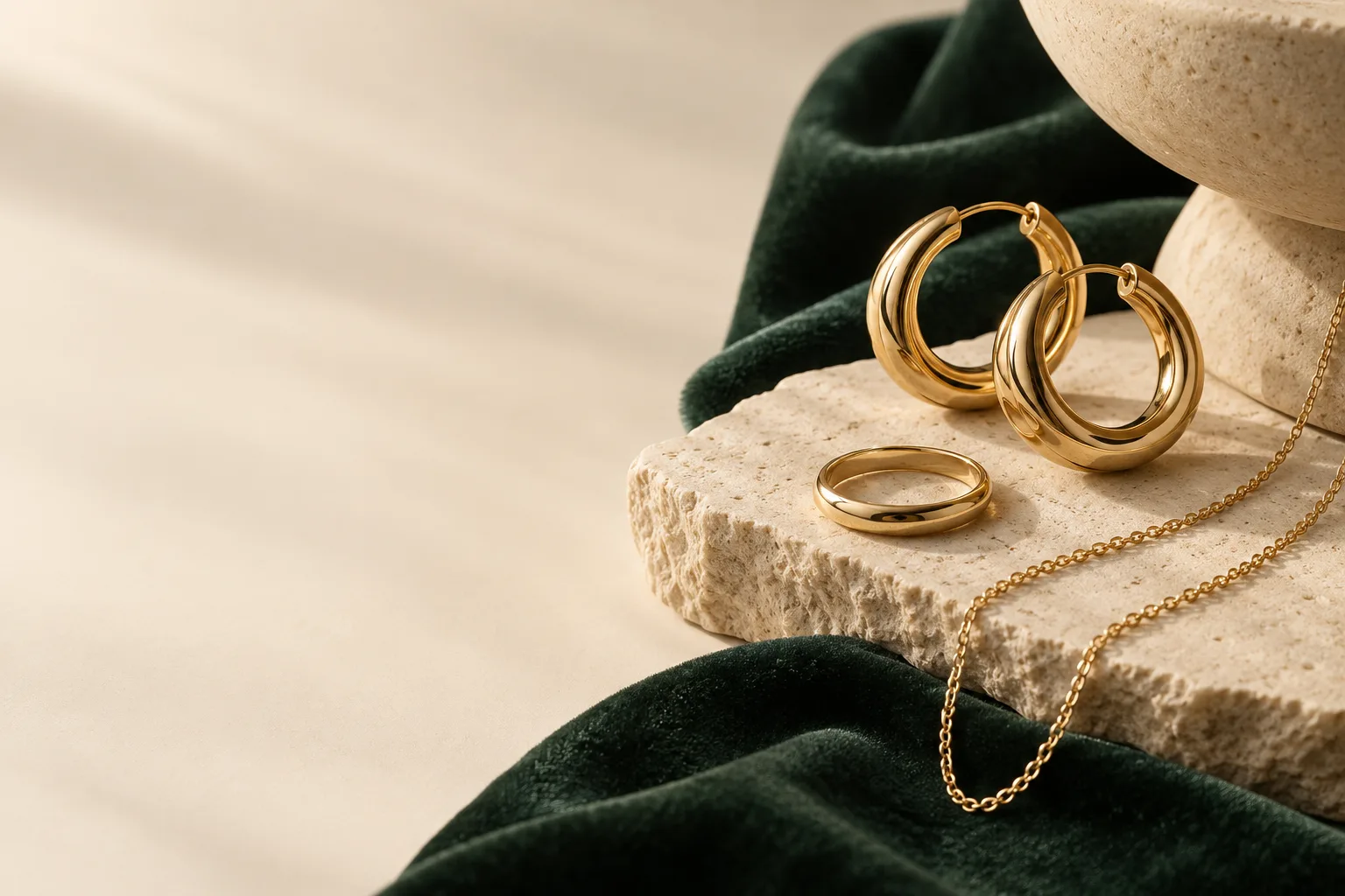 Gold-tone accessories on stone and green velvet