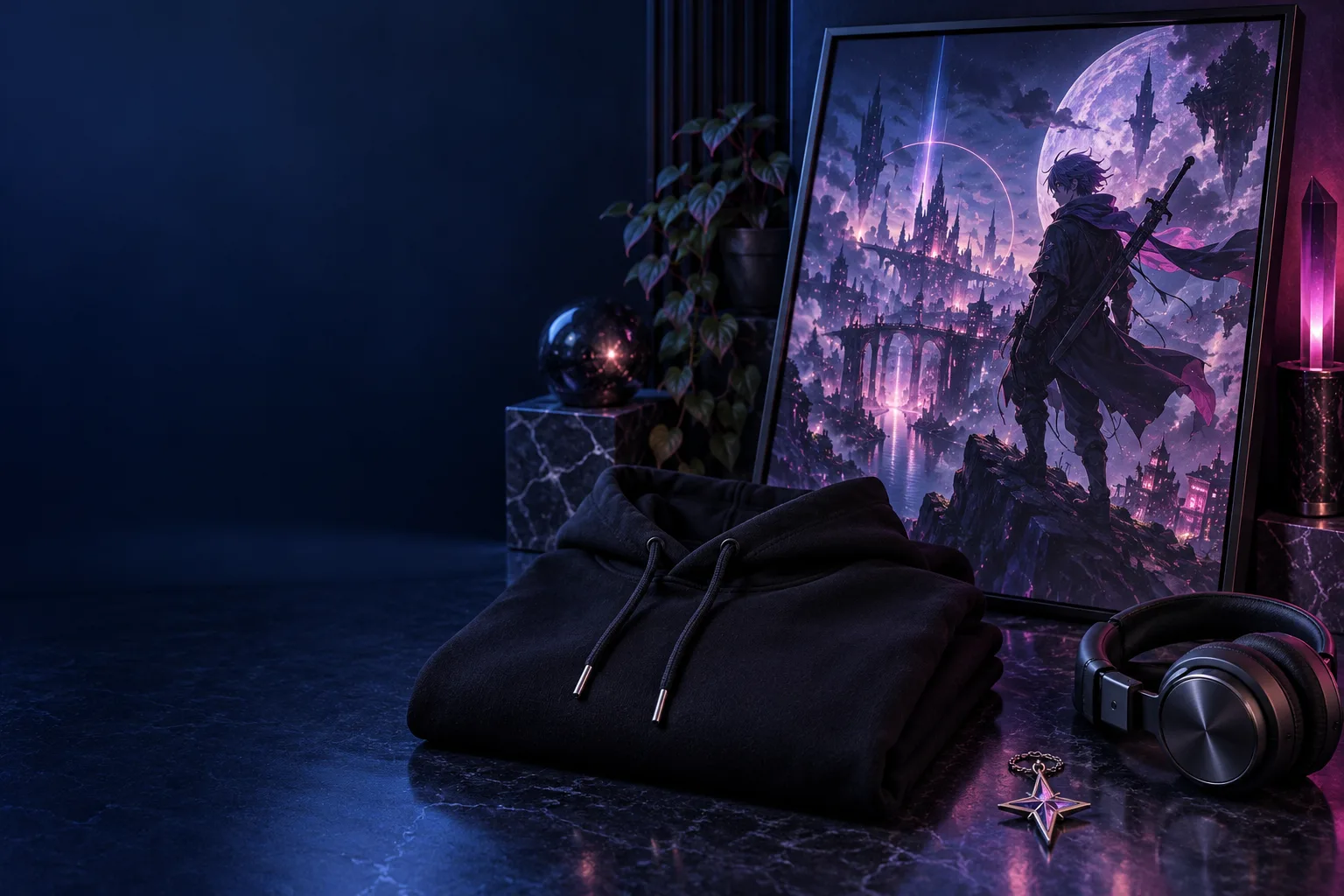Clothing and original anime-inspired art in a night composition